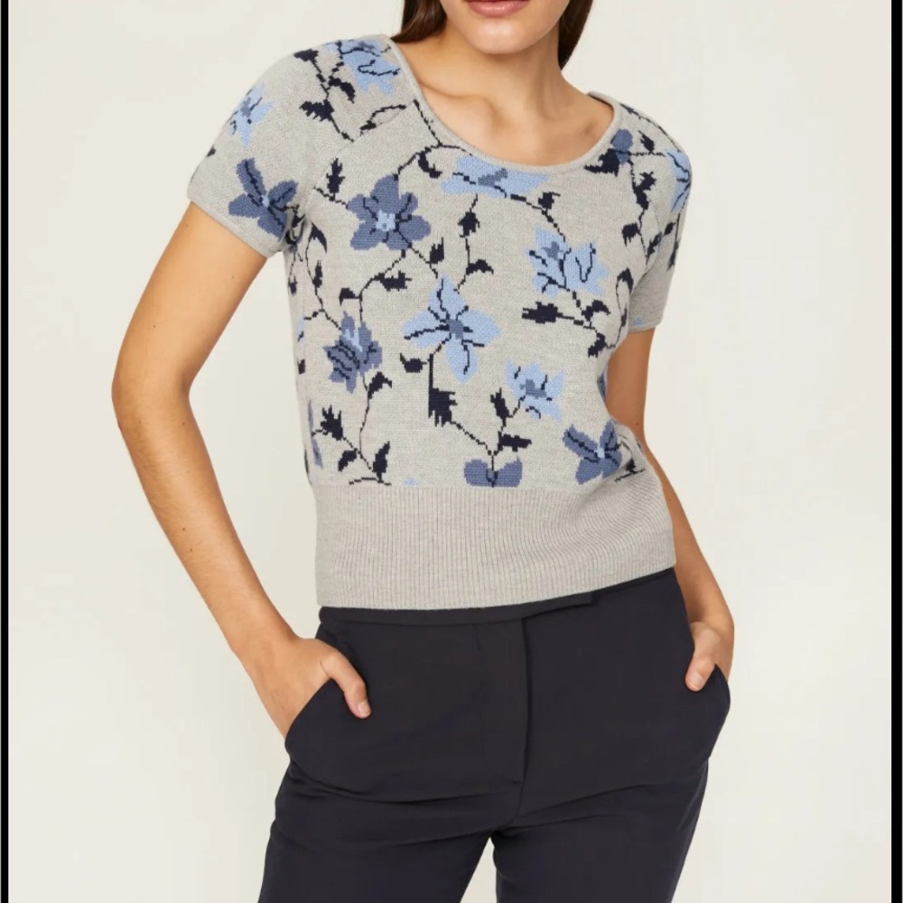 Club Monaco Floral Crew Neck Sweater in Gray and Blue